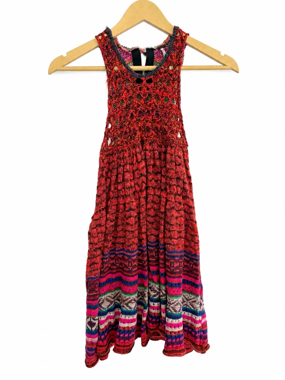 Free People M Red Multicolor Crochet Knit Mini Tunic Dress Boho Festival Sweater